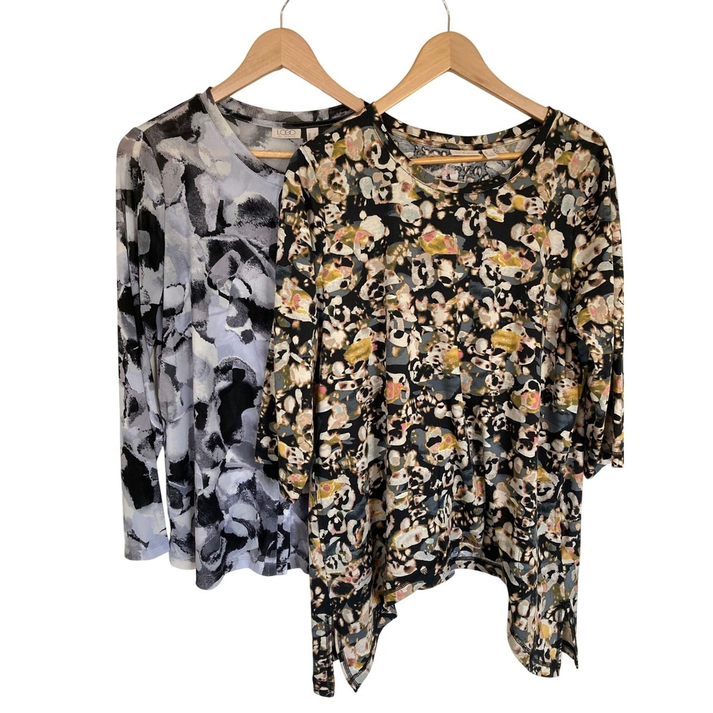 LOGO Lori Goldstein Mesh Top Bundle Gray Cardigan &‎ Multi Sharkbite Tunic L 2pc